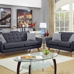 Brand New Ash Black Retro Style Sofa And Love Seat 