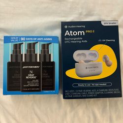 Audien Hearing Atom 2 Hearing Aids & Just For Men Grey Reverse