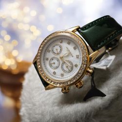 Akribos XXIV Ladies Sparkling Crystal Date Green Leather Strap Watch