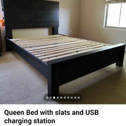 Queen Bed With Slats And USB Charging Station 