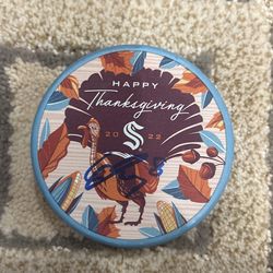 Seattle Kraken Autographed Cale Fleury Limited Edition Happy Thanksgiving Puck