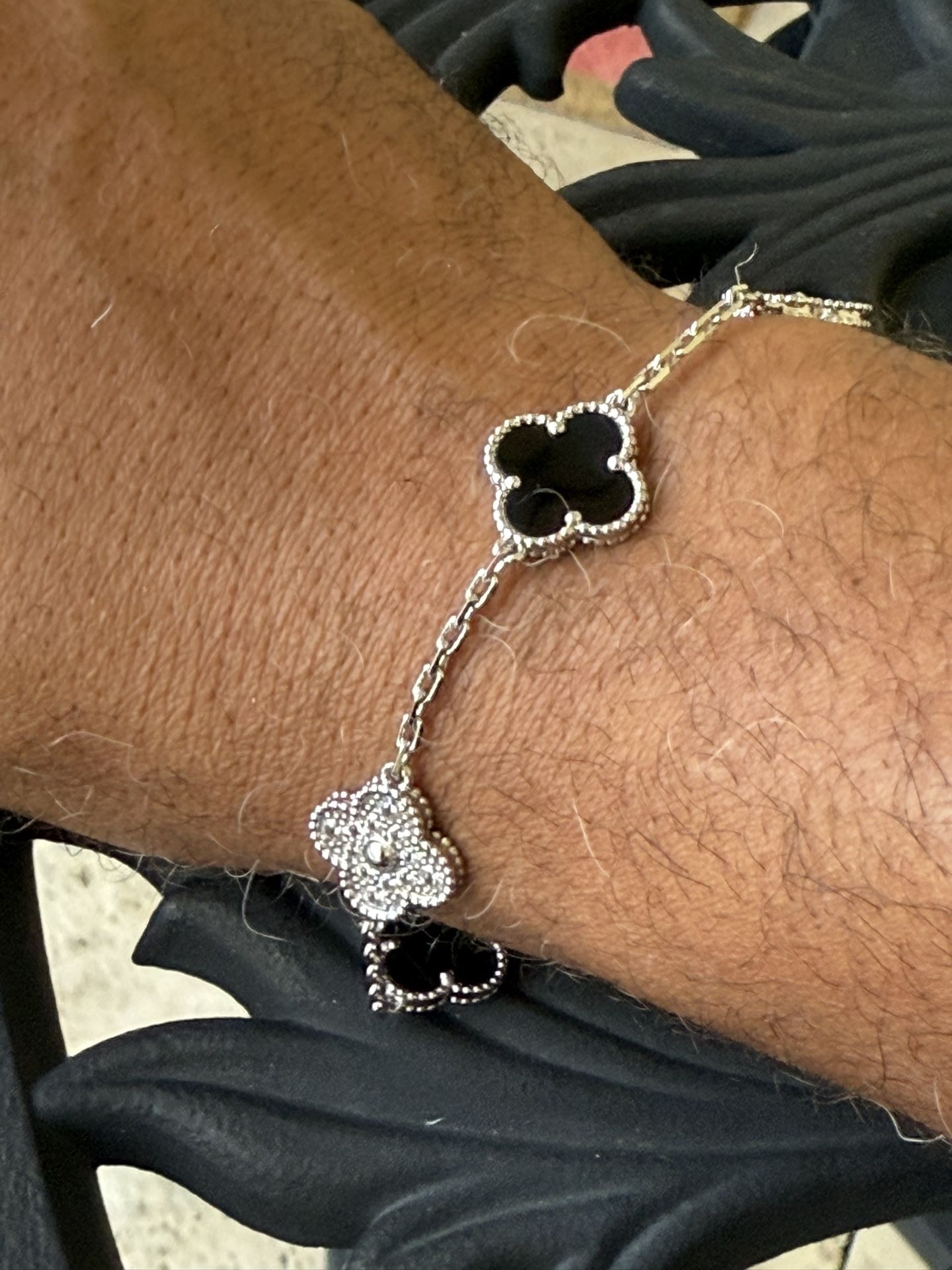 Ladies Van Cleef White Gold Plated & Black Clover Leaf Bracelet 