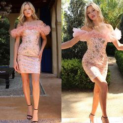 New With Tags Fitted Short Rose Gold Glitter Print Short Formal Dress & Homecoming Dress $55