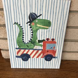 Adorable 11x14 Canvas Print NEW - Dinosaur on a Fire Truck