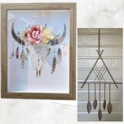 Bohemian Southwestern Feather Floral Skull Wood Framed & Metal Hanging Wall Home Decor