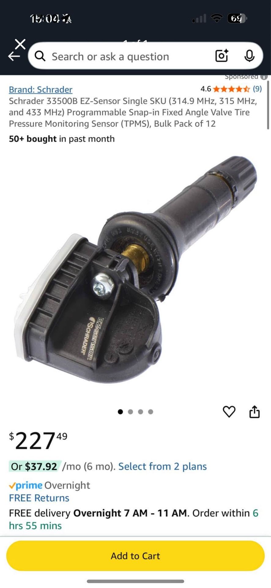 Schrader 33500B EZ-Sensor Single SKU (314.9 MHz, 315 MHz, and 433 MHz) Programmable Snap-in Fixed An