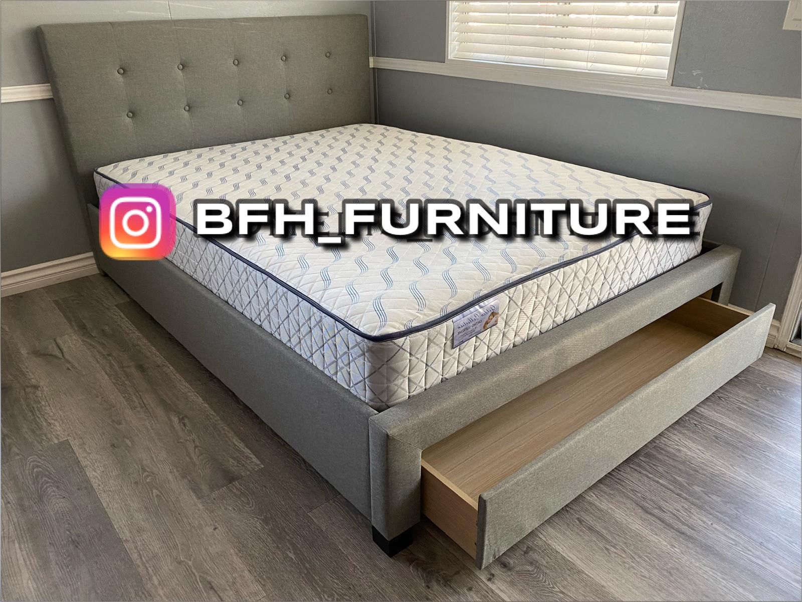 Queen Gray Tufted Bed w. Drawer & Orthopedic Mattress Included