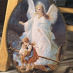 Oval painting of a Guardian Angel and Children