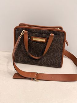 Calvin Klein Monogram Tote Crossbody Bag Brown Logo Print Adjustable Strap Purse