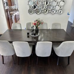Z Gallerie Extendable Dining Table + 8 Upholstered Chairs – Seats 10