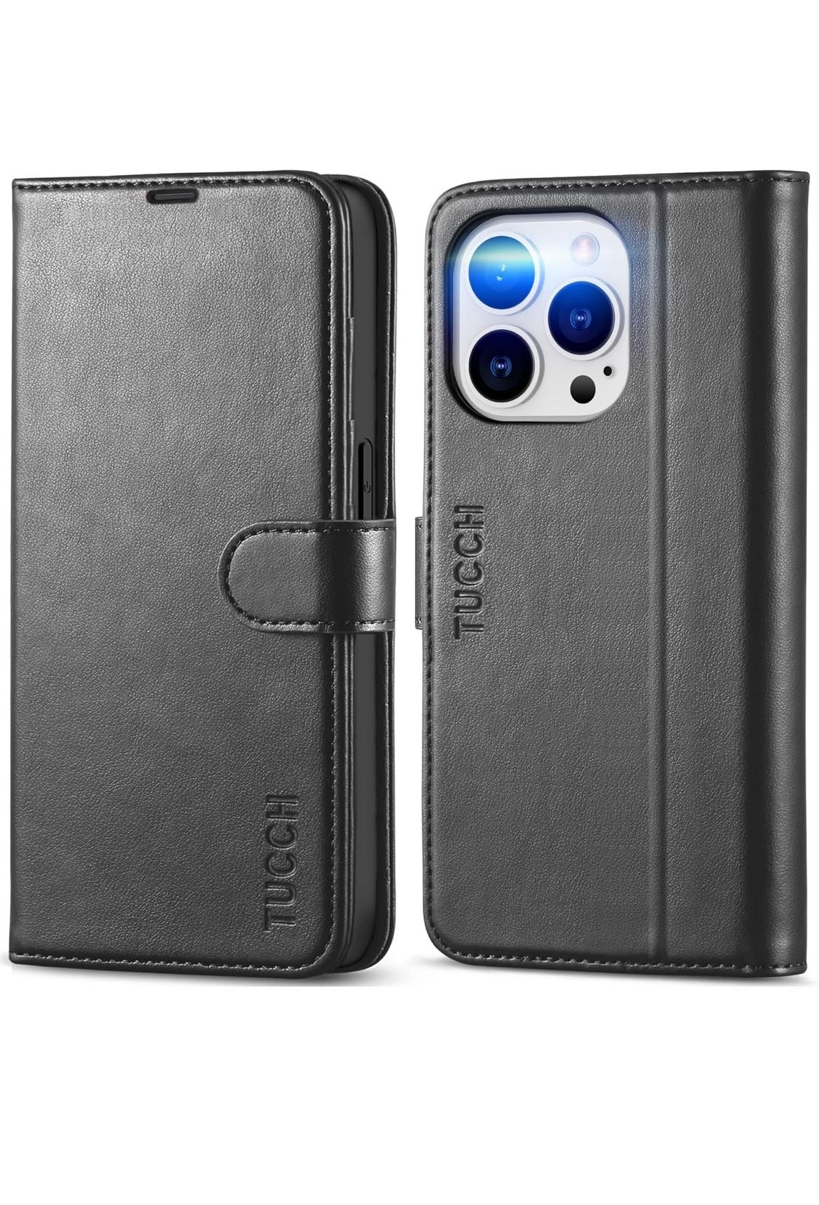 TUCCH Case Wallet for iPhone 14 Pro 5G Compatible with iPhone 14 Pro Black RFID Blocking, 4 Card Holder, Stand, Shockproof TPU Interior Case, PU Leath
