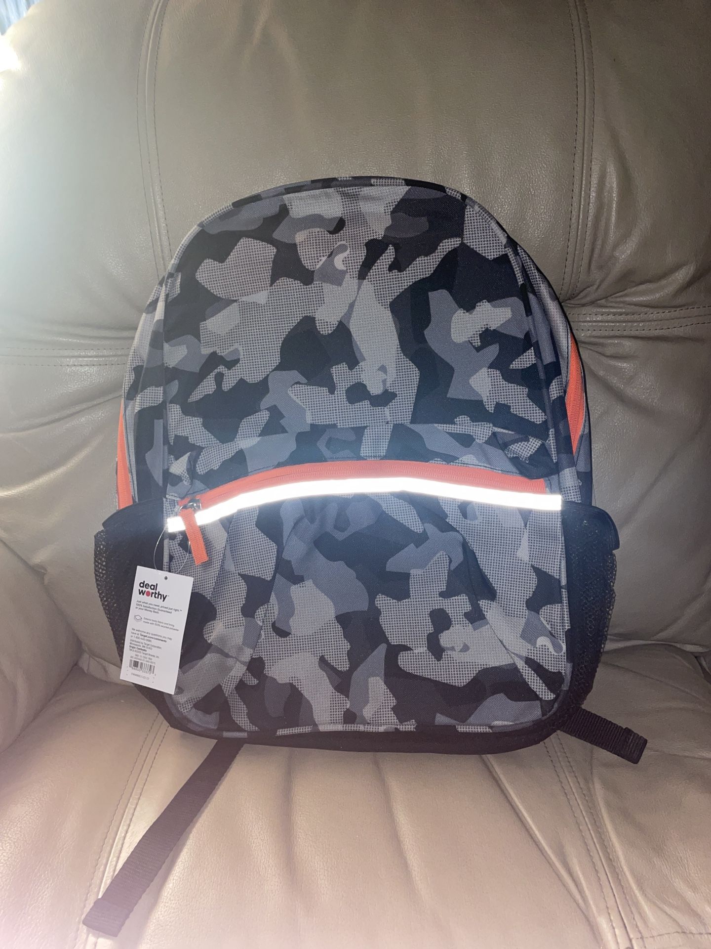Camouflage Backpack with Orange Accents Reflective Laptop Up to 15” 25 Lbs NWT