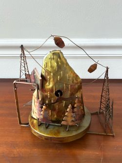 Vintage Tin/Copper Wind-Up MUSIC Box Ski Slope