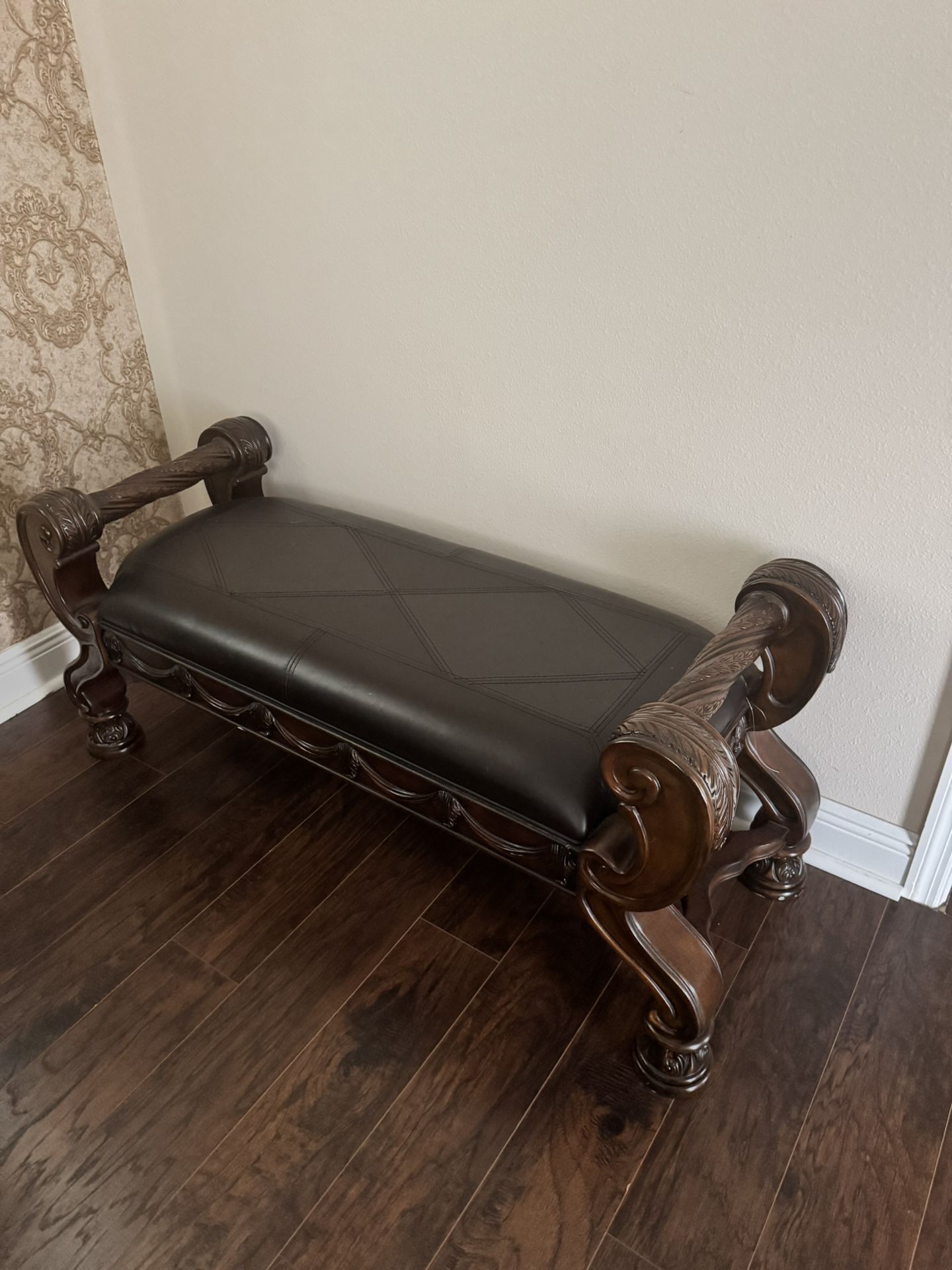 Italian Leather And Wood Bench