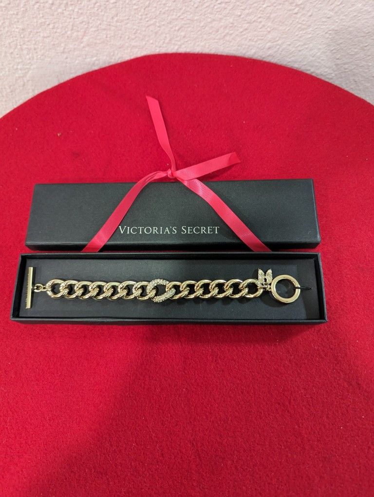 Victoria's Secret Gold Link Bracelet Rhinestone Crystal Angel Wing Charm NIB