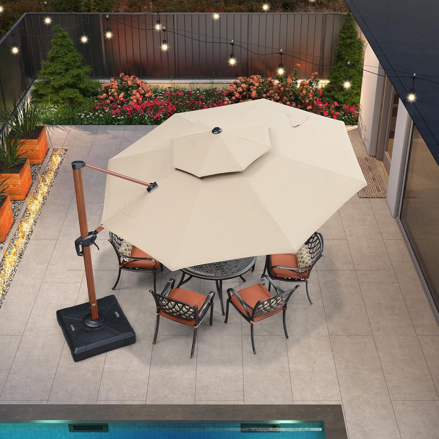 beige offset patio umbrella 10 ft Patio Offset Umbrella Outdoor Cantilever Umbrella Hanging Umbrellas, Fade Resistant Crank & Cross Base (Beige)