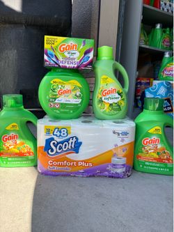 Gain detergent, softner, dryer sheets, flings & Scott toilet paper