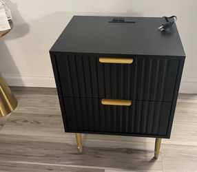 Black Night Stand with Charging Station Fluted Nightstand with 2 Drawers, Modern Bedside Table with Gold Legs, End Table for Bedroom