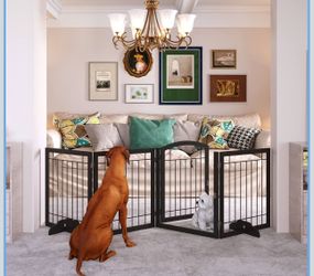 4 Panel Black Metal Freestanding Pet Gate 96’’ Extra Wide 30’’ Tall Dog Gate With Door And 2 Support Legs