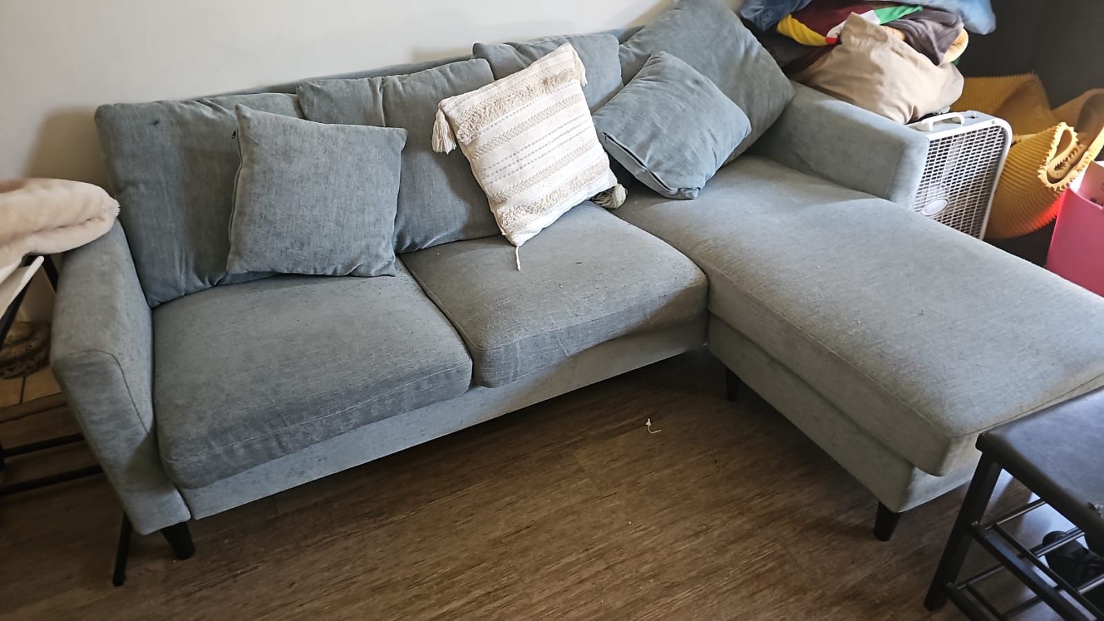 L Shaped Light Blue Couch With Pillows
