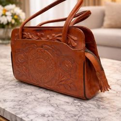 Vintage Hand-Tooled Leather Handbag Aztec Calendar Floral Embossed Brown Purse