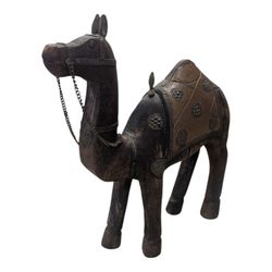 Antique Middle Eastern Persian Indian Hand Carved Wood W Brass & Copper Inlays Camel.