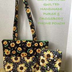 NEW HONEYBEE SUNFLOWERS QUILTED HANDMADE PURSE & CROSSBODY PHONE POUCH 