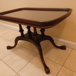Antique mahoganny small, footed table  with glass tray