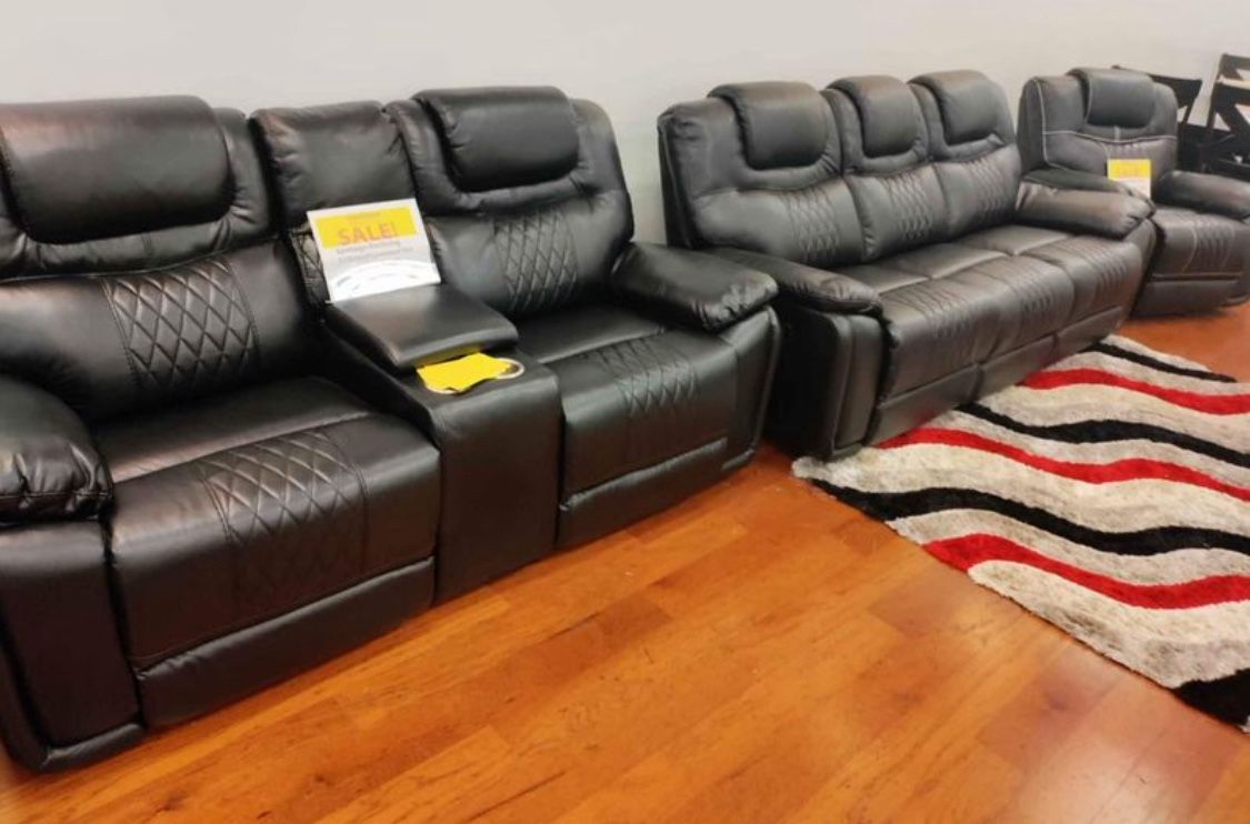 Summer Sale Event. Santiago Black Leather Reclining Sofa And Loveseat Set Now $1199. Easy Finance Option. Same Day Delivery