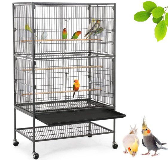 Yaheetech 52''H Metal Rolling Bird Cage with 3 Perches & 4 Feeders & Extra Storage Shelf, Black