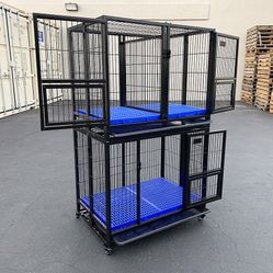 $310 (New in Box) Set of (2) stackable dog cage 37x25x64” heavy duty folding kennel w/ plastic tray 