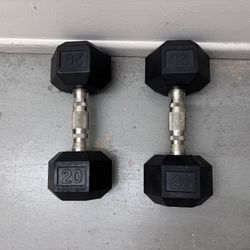 Pair of 20 lb Rubber Hex Dumbbells Weights
