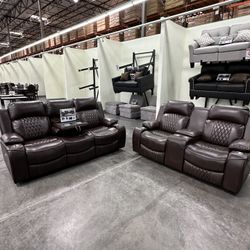 Power Reclining Sofa- Power Motion + Built in USB Port + Adjustable Headrest + Storage + Cup Holders + Wireless Charging Console + Overhead Lighting
