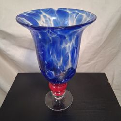 Murano Style Hand Blown Blue,white,red Glass Pedestal Vase