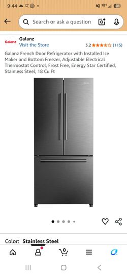 Galanz French Door Refrigerator with Installed Ice Maker and Bottom Freezer, Adjustable Electrical Thermostat Control, Frost Free, Energy Star Certifi