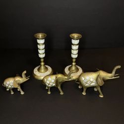 Brass Mother Of Pearl Inlay Elephants & Candle Holders