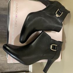 Black leather booties with side zipper and buckle detail.  Heels are approximately 3 inches tall.  Size 9
