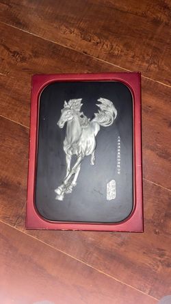 Vintage Tumasek Pewter gallopping horse obsidian plaque