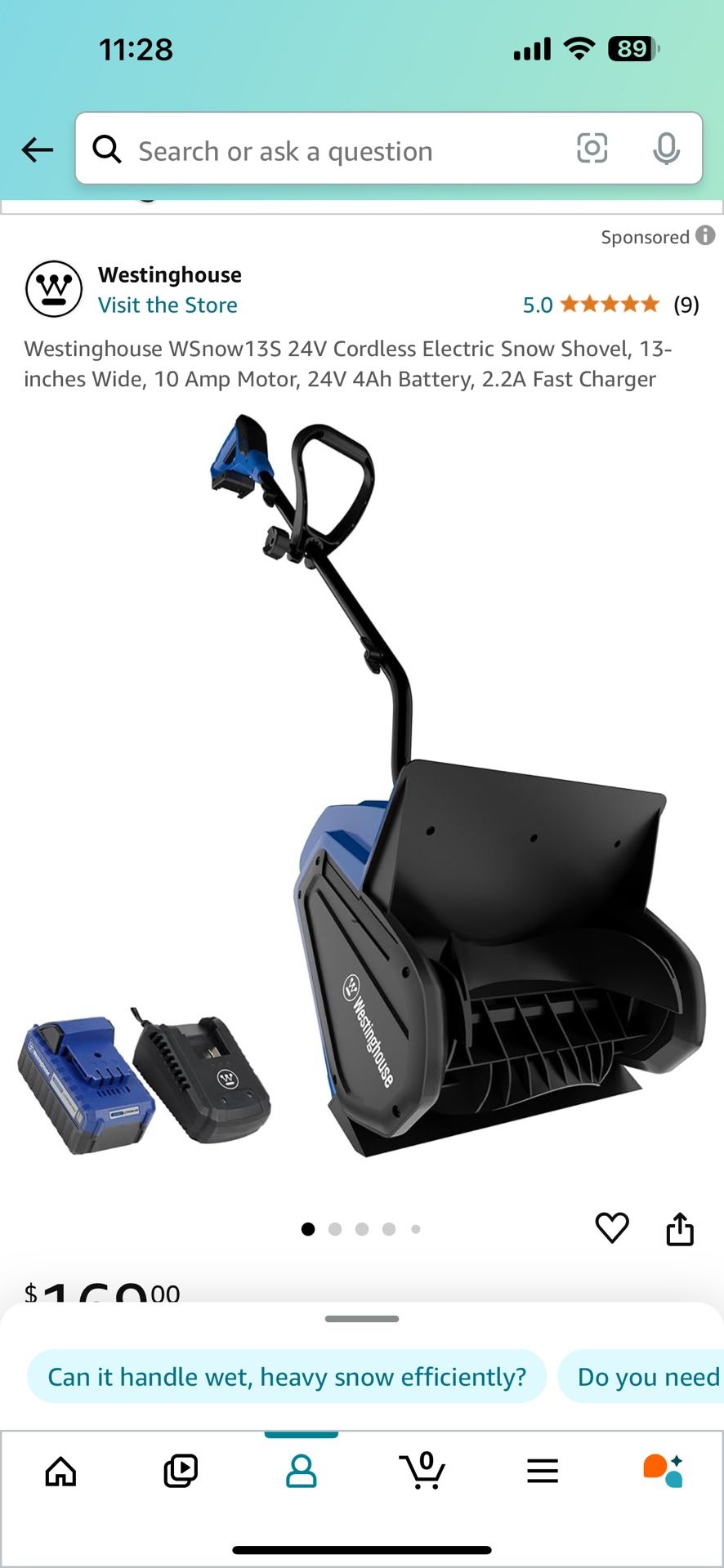 Westinghouse WSnow13S 24V Cordless Electric Snow Shovel, 13-inches Wide, 10 Amp Motor, 24V 4Ah Battery, 2.2A Fast Charger