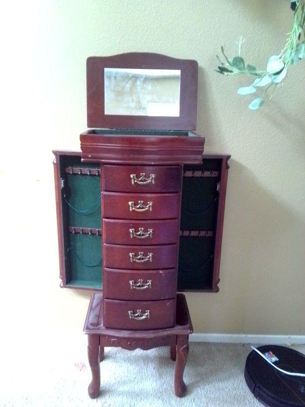 Large Standing  Wood Jewelry Box With Mirror