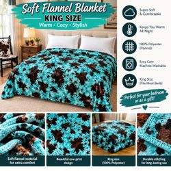 🐄 Turquoise Cow Print King Size Flannel Blanket – $25