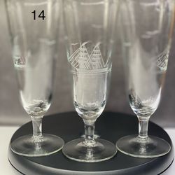 Set of (3) Vintage Clear Sailboat Etched Glass Toscany Goblets Pilsner Beer Glasses. Nautical Sailboat Theme. 