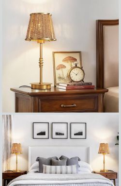 Bedside Table Lamp for Bedroom: Rattan Desk Lamp with Dimming Knob & AC Outlet, 18'' Vintage Nightstand Lamp with 70.8'' Power Cord for Living Room Do