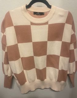 Lillusory Cream and Tan Checkerboard Crewneck Sweater