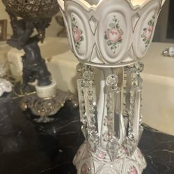 TWO VICTORIAN HANDPAINTED LUSTERS WITH CRYSTAL PRISMS