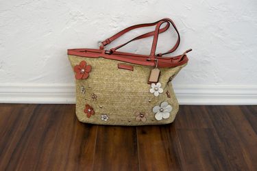 Coach Natural Straw Handbag, Tote Leather Flowers/Peach