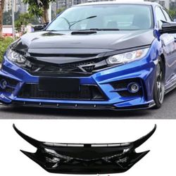 Fits 16-21 Civic 10th Gen IKON Front Hood Mesh Grille Eyebrows - Gloss Black ABS