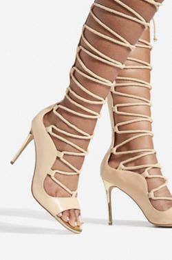 Beige Knee High Sandal Heels