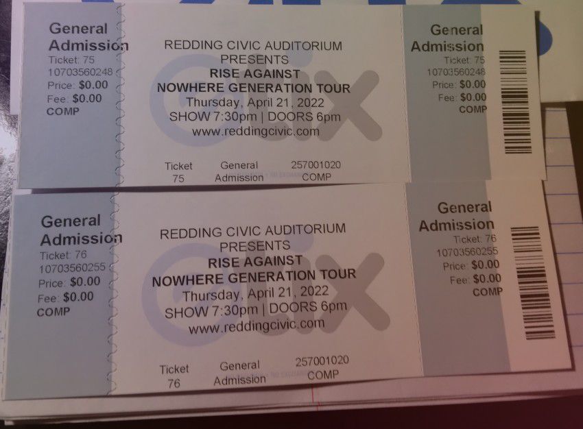 2 Tickets To Rise Against Nowhere Tour In Redding 