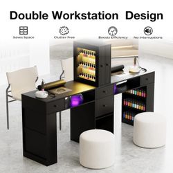 Double Manicure Table for Nail Tech w/LED Light Display Cabinet,Black 